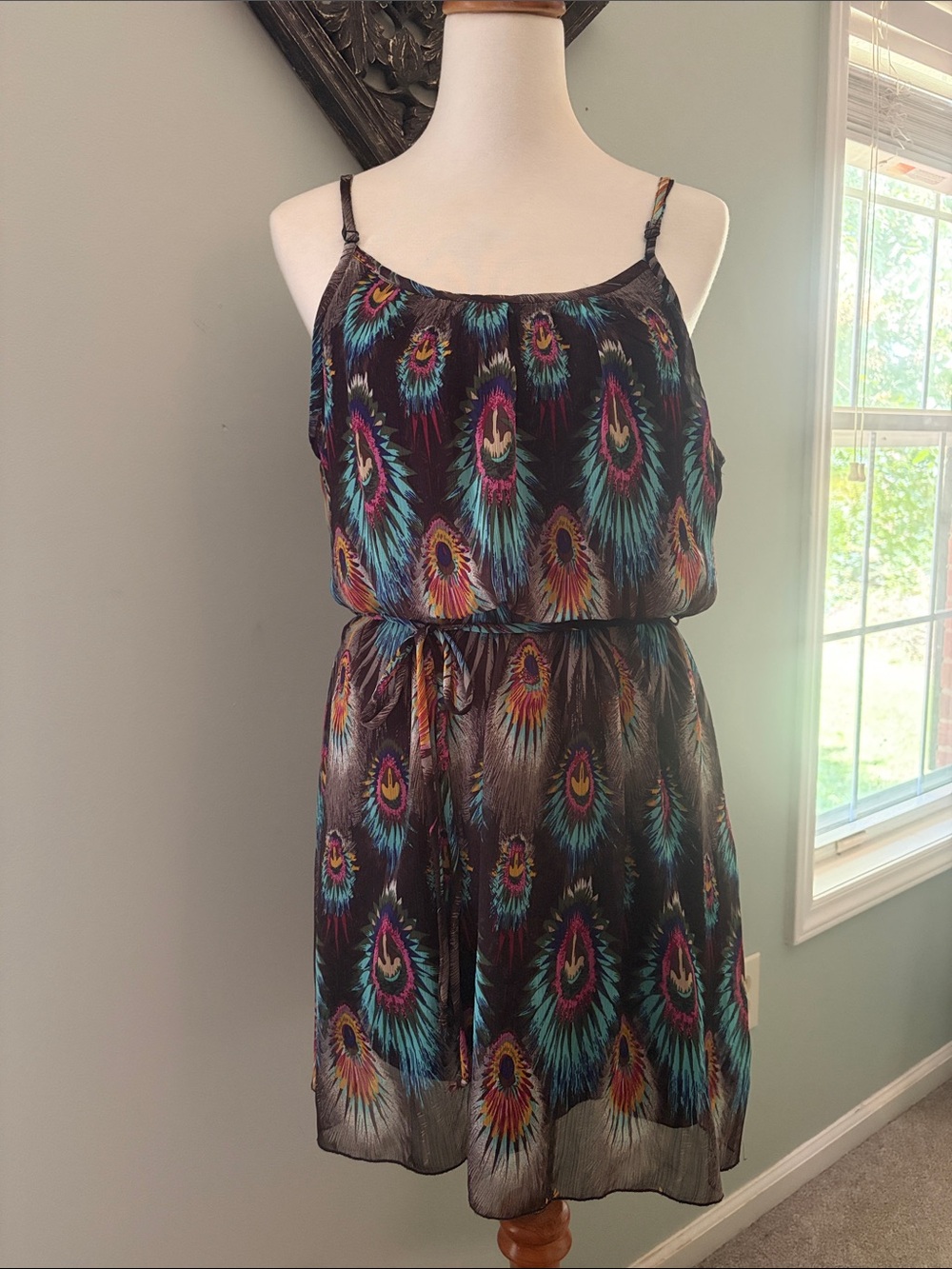 Spaghetti Strap Peacock-Print Dress with Tie Waist
